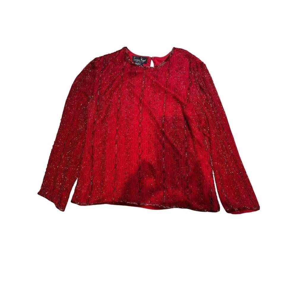 Laurence Kazar Red Silk Beaded Blouse XL Vintage Long Sleeve Evening Top Keyhole